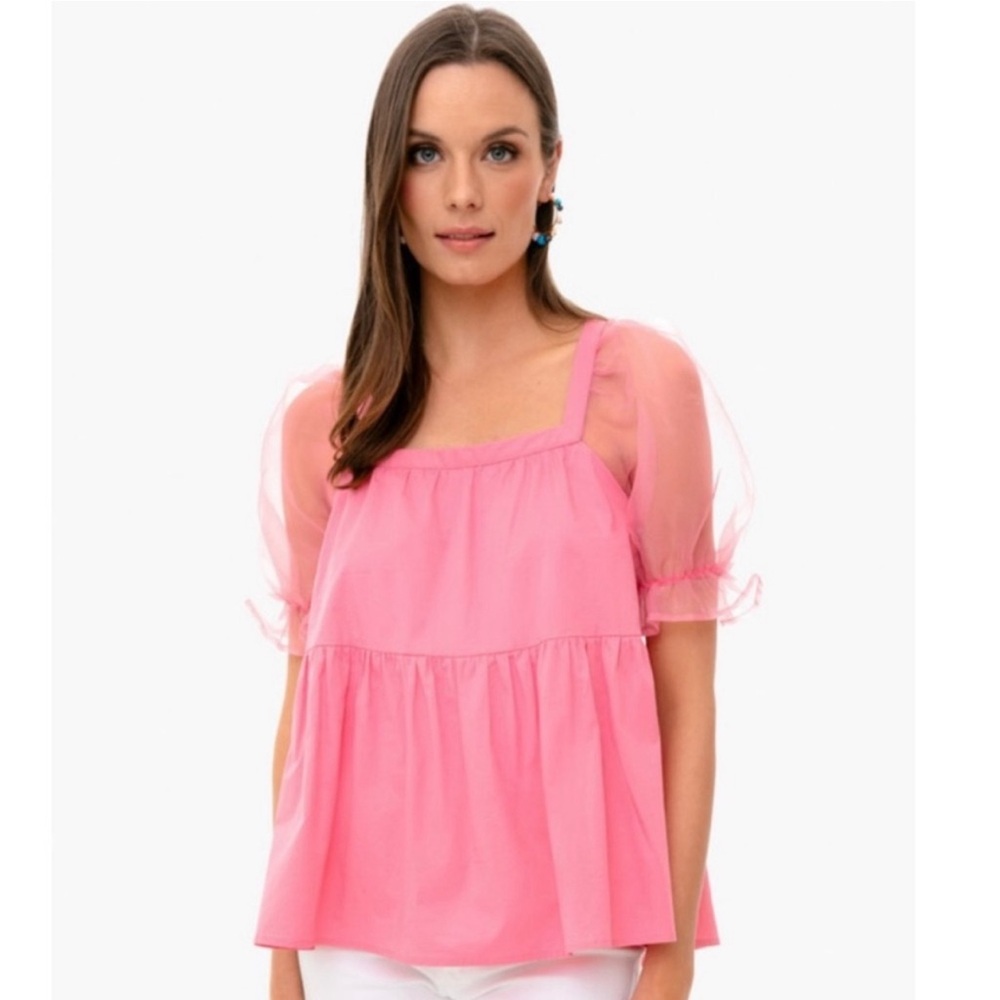 Pomander Place Tuckernuck Tinsley Pink Organza Sleeve Blouse Top‎ Size Large